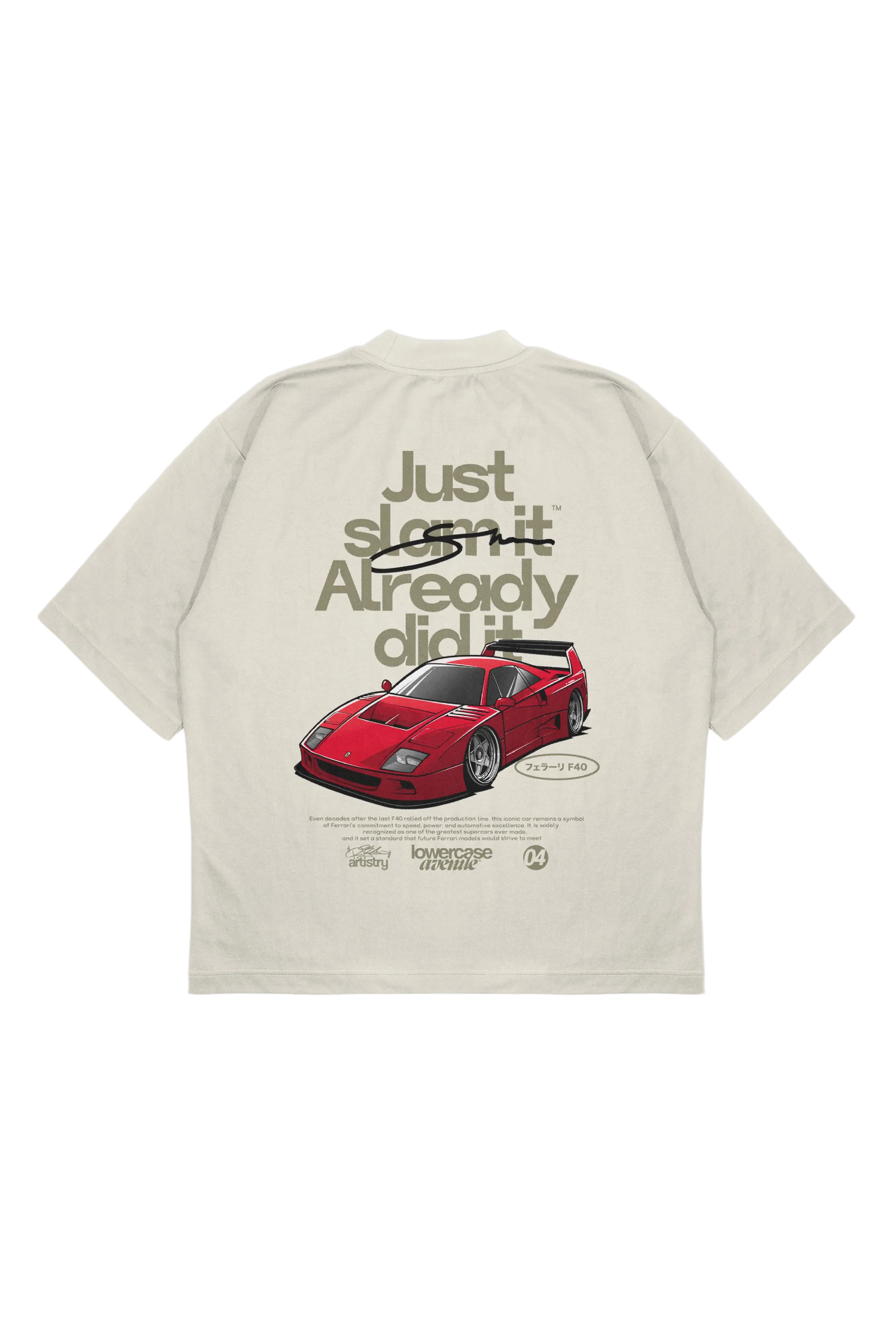 Beige t-shirt with a red sports car graphic and text on the back, on a white background
