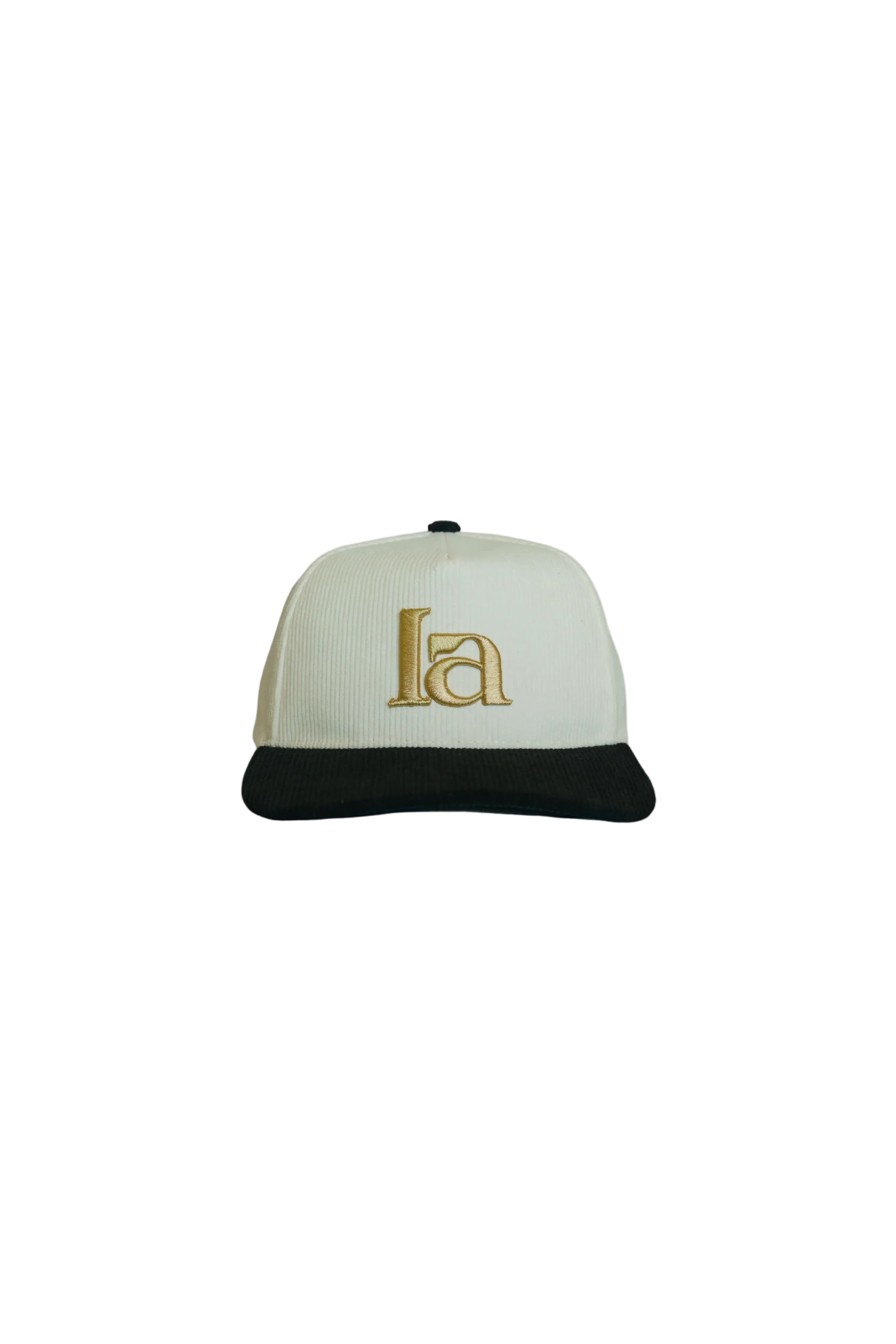 White cap with black brim and gold logo 