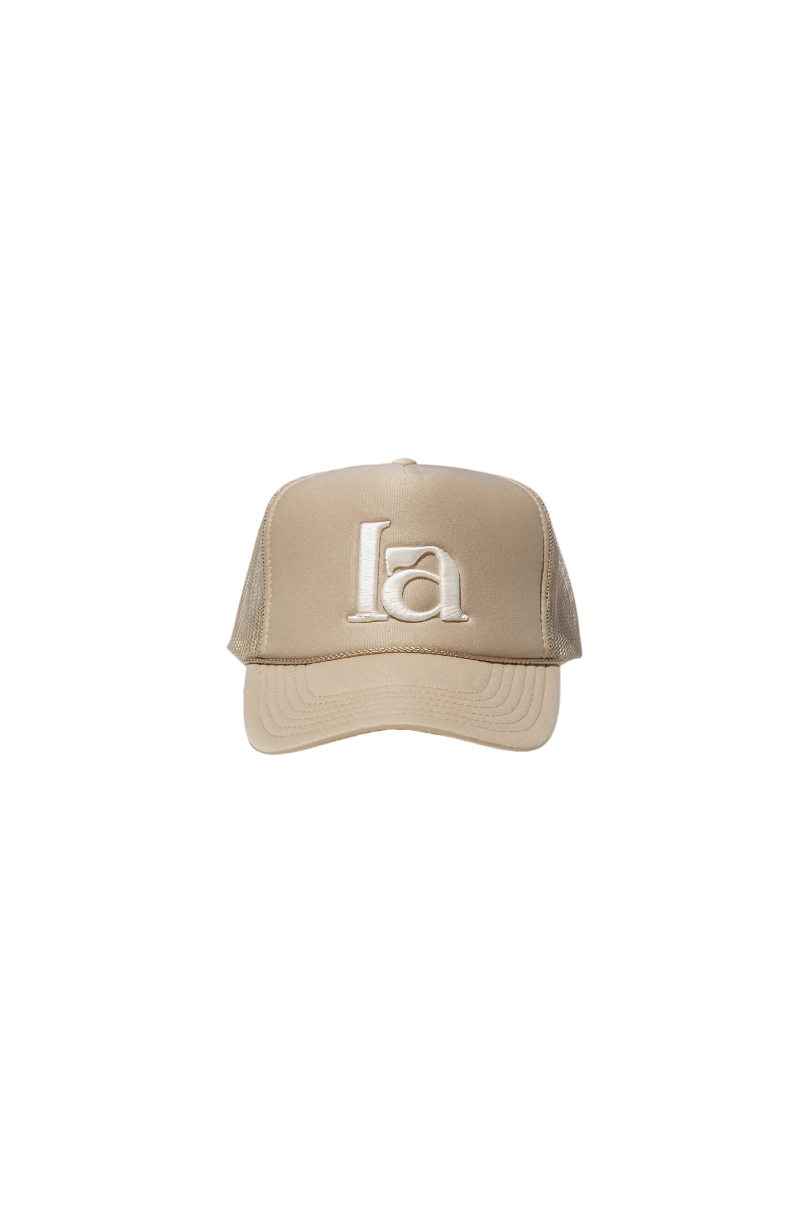 Beige cap with a logo on a light gray background