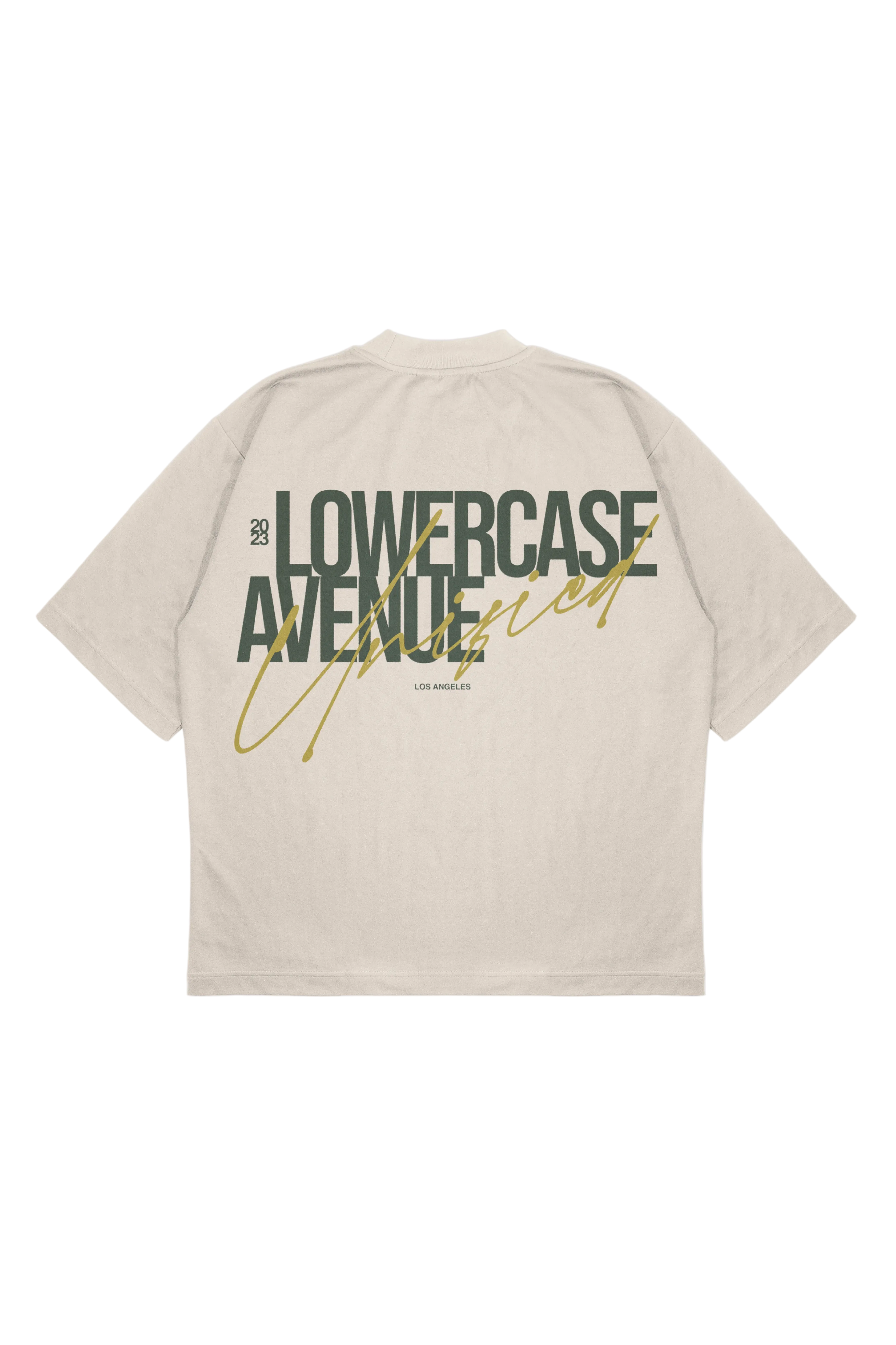 Beige t-shirt with 'LOWERCASE AVENUE' text on a white background