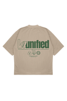 Beige t-shirt with green text and graphics